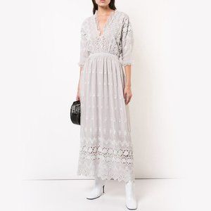 LoveShackFancy Delfina V-Neck Lace Maxi Dress Anchor Gray 4 Small S
